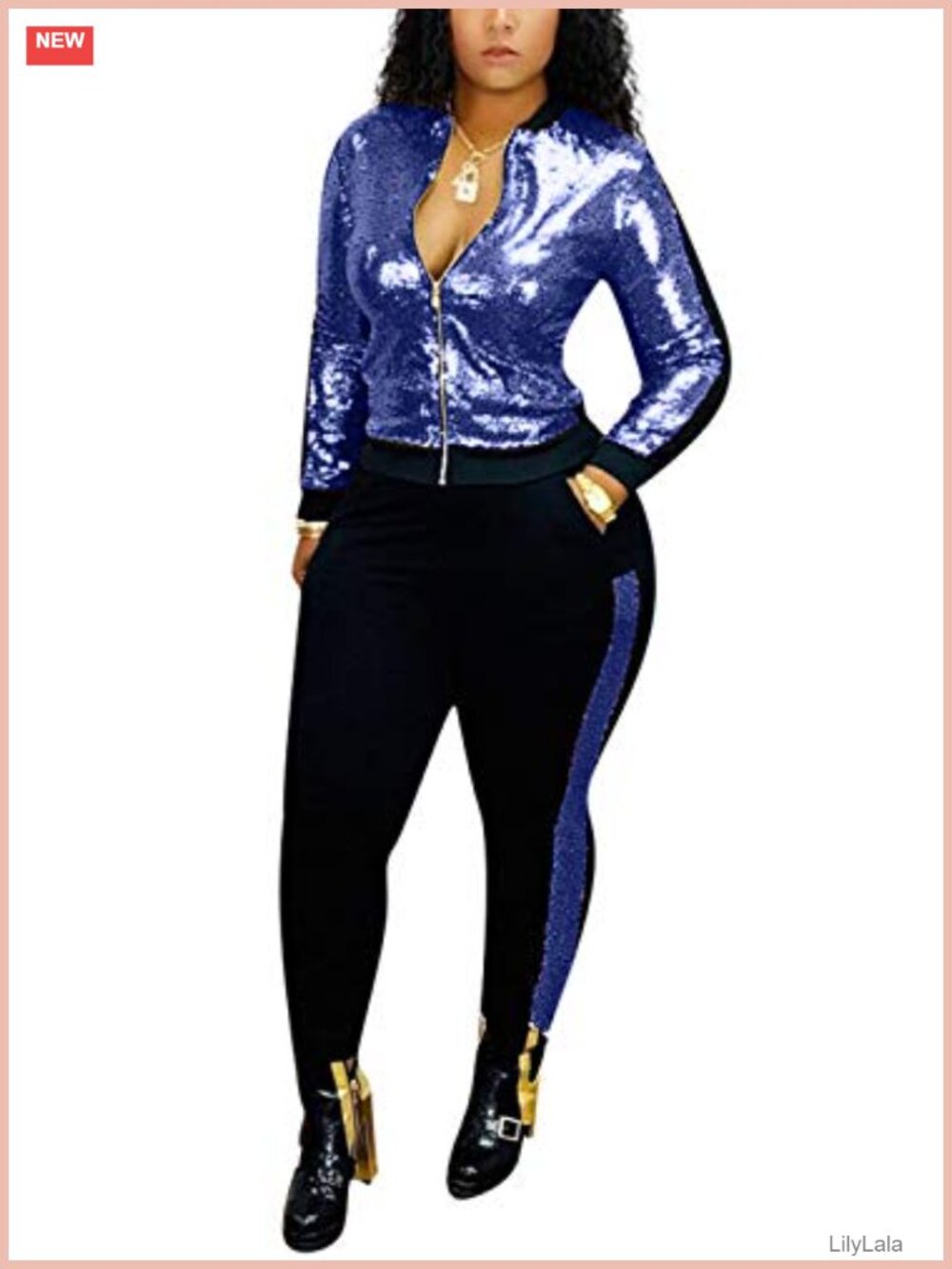 2 Piece Sequin Tracksuit Set Zip Jacket & Pants Stretch Clubwear